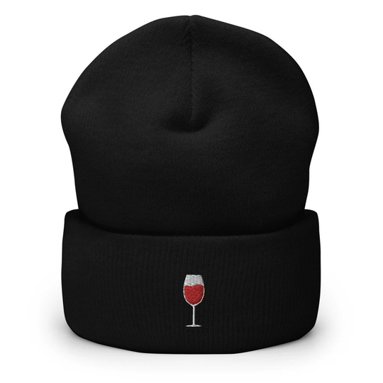 Wine Glass Embroidered Beanie, Handmade Cuffed Knit Unisex Slouchy Adult Winter Hat Cap Gift