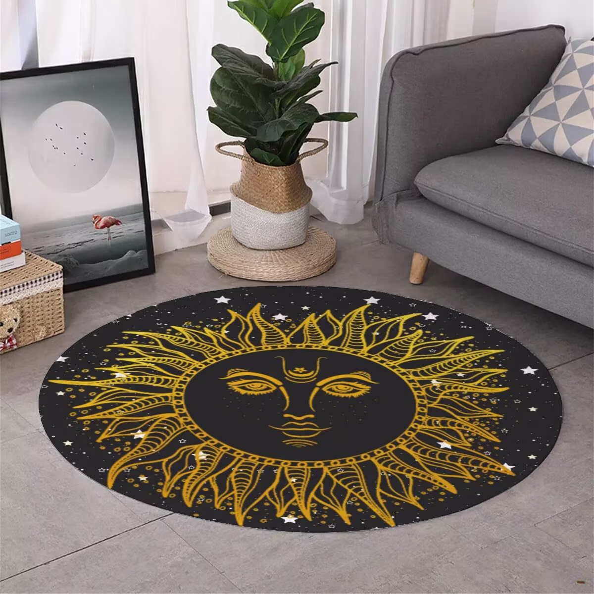 Boho Sun On Black Round Area Rug