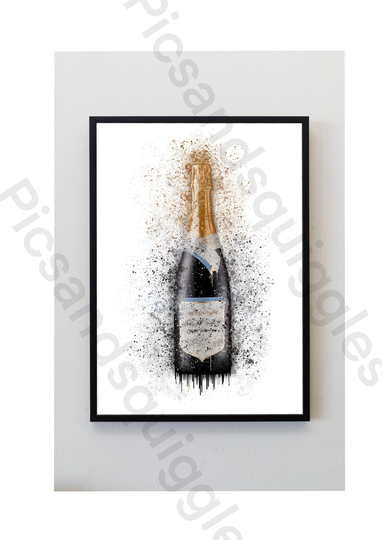 Black, Sparkling Wine, Bottle, Prosecco, Champagne, Splatter, Art Print, Unframed