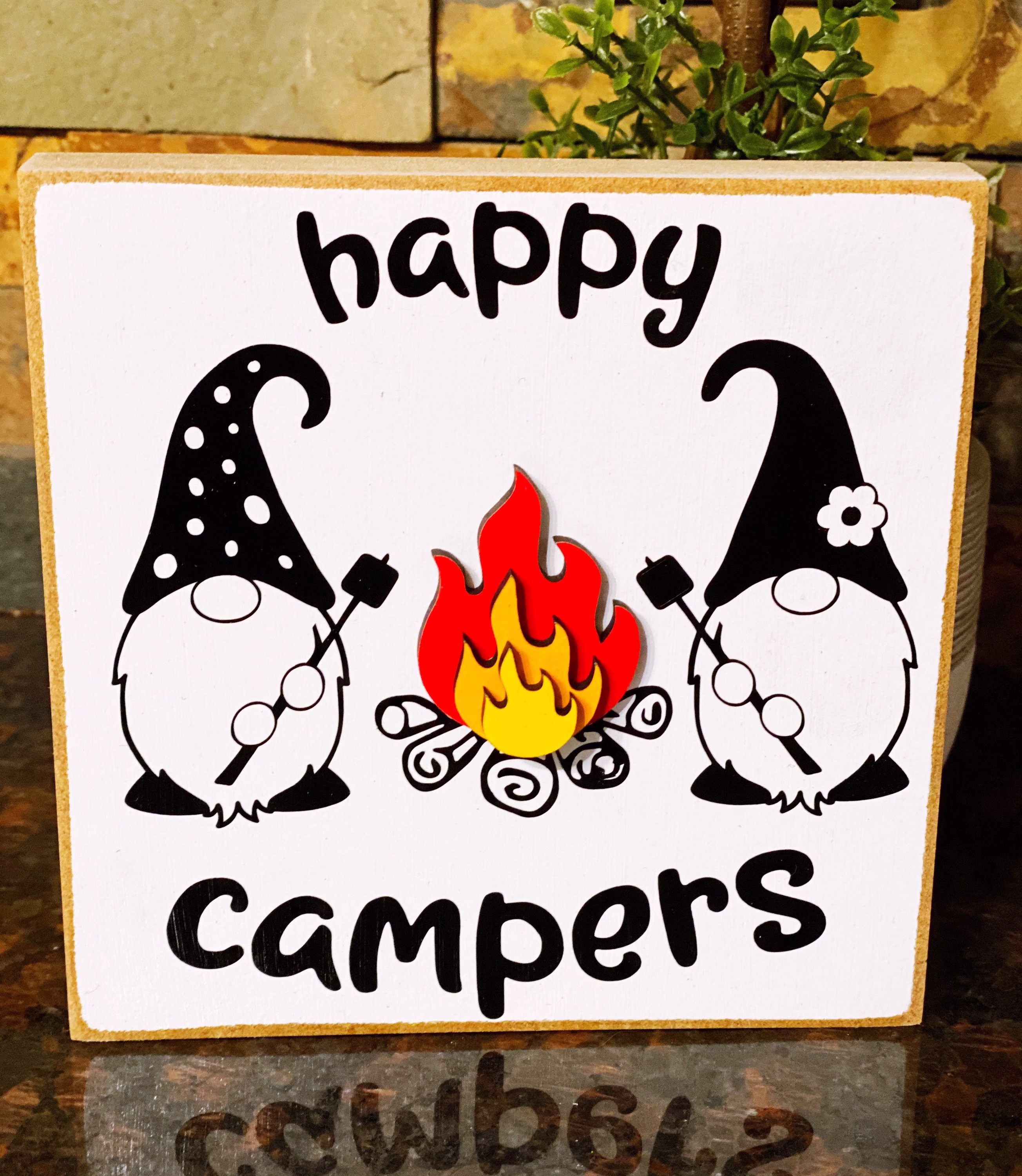 Happy Campers Gnome Sign, Mini Camping 3-D Signs, Gnomes Gnome Decor, Campfire Sign