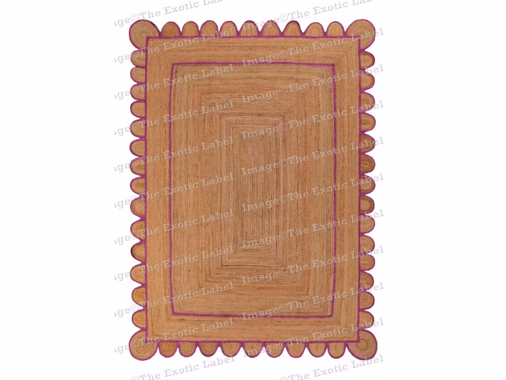 Scalloped Rug 5x8, 6x9, 8x10, 9x12, 10x14 Ft Fuschia Pink Trim Braided Jute Scallop Boho Decor Jute Floor Carpet