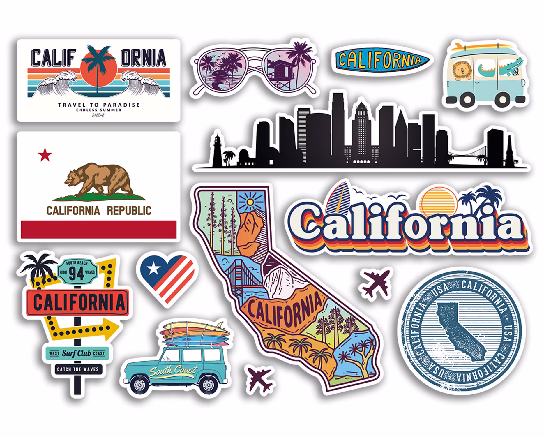 A5 Sticker Sheet California Landmarks Vinyl Stickers - Usa American States Airport Stamps Skyline Flag Map Travel Holiday Scrapbook #79187
