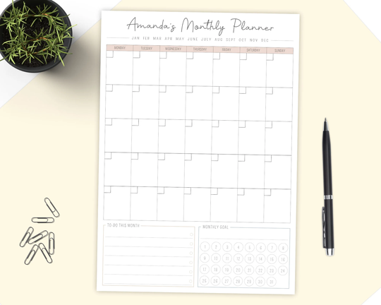 Personalised Printed Monthly Planner Notepad, A5 A4 Tearable Pad, Yearly Calendar Organiser, To Do Goals Tracker