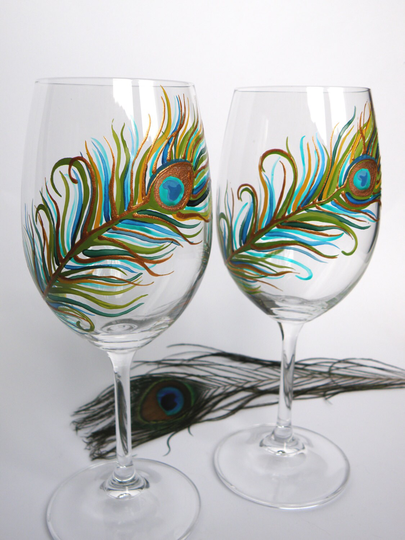 Hand Painted Wedding Toasting Wine Glasses Set Of 2 Personalized Peacock Feather