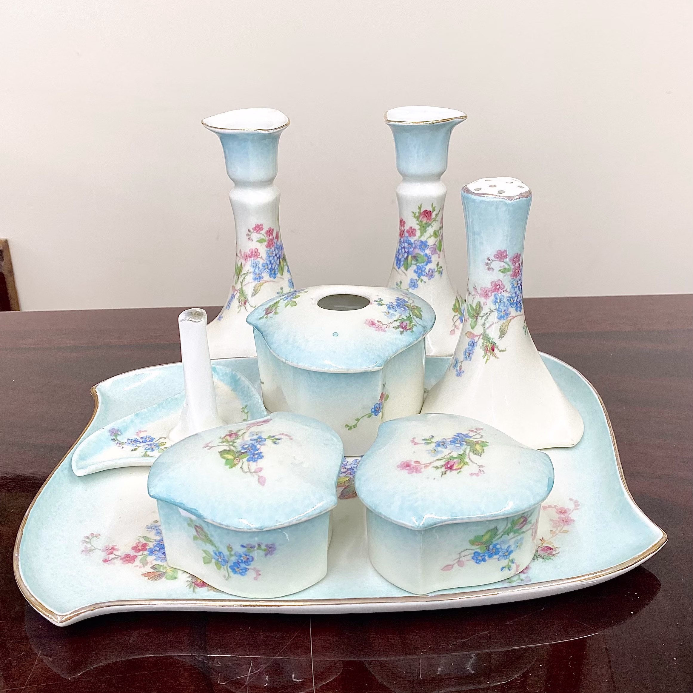 Pretty Vintage 8 Piece French Vignaud Freres Limoges Dressing Table Porcelain Vanity Set With Forget Me Knots Circa 1940's - 1950's