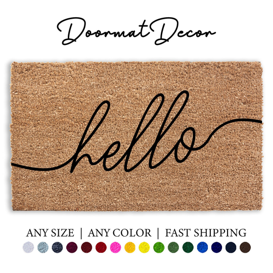 Hello Cursive Script Flocked Coir Doormat, Hi Rug, Outdoor Welcome Mat, Personalized Custom Door Housewarming Client Gift