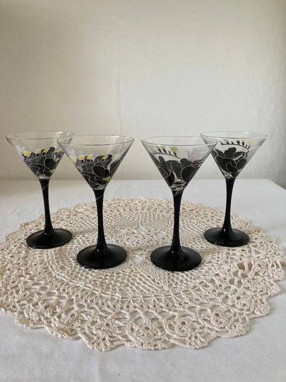French Vintage Black Stemmed Domino Anais Luminarc Cocktail Martini Glasses Set Of 4 Four 1970/80's