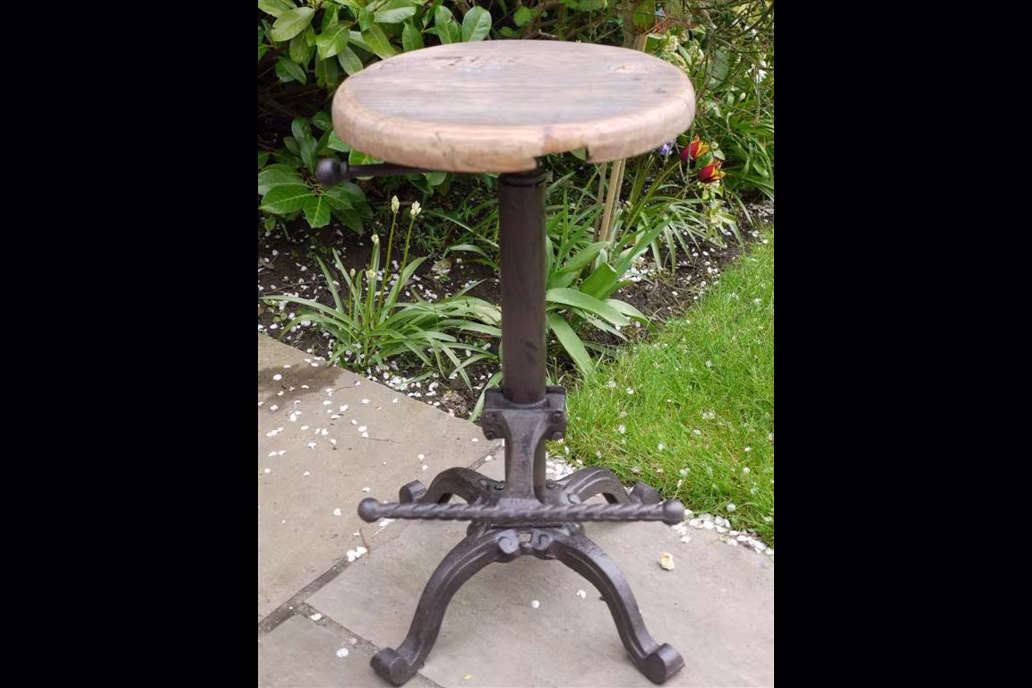 Industrial Bar Stool Cast Iron Base Reclaimed Adjustable Wooden Seat