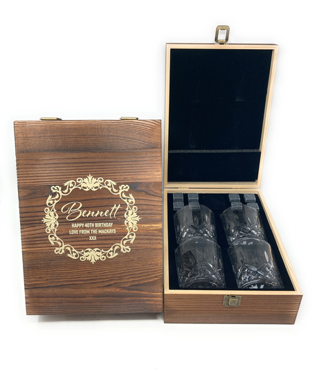 Personalised Whisky Stones & 4 Tumbler Glasses Rustic Wooden Boxed Gift Set - Engraved Mens Drinking Bar Wedding Birthday Christmas