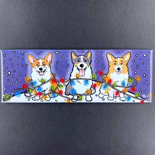 Corgi Christmas Lights Magnet, Winter Holiday Dog Decor, Funny Pet Portrait Gifts, High Quality Handmade Magnet 1.5x4.5
