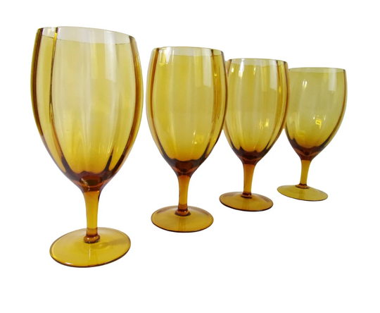 Vintage Amber Goblets Glasses - Empoli Water Mid Century 1970's Wine Set 8 Boho