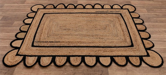 Scalloped Jute Rug, Black Scallop Boho Decor Handmade Customize in Any Size & Shape