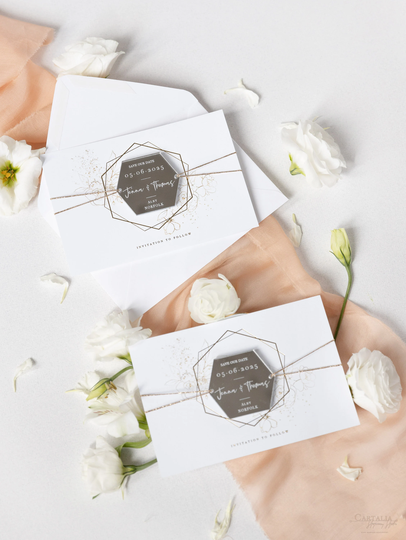 Unique Save The Date Cards With Hexagon Magnets - Luxury Gold Mirror Plexi Foil , Custom Wedding Invite With Envelopes