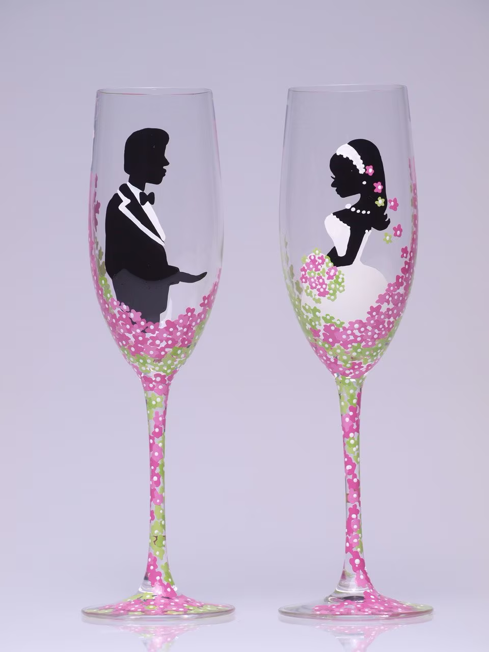 Hand Painted Wedding Toasting Flutes Set Of 2 Personalized Champagne Glasses Groom & Bride Pink Green