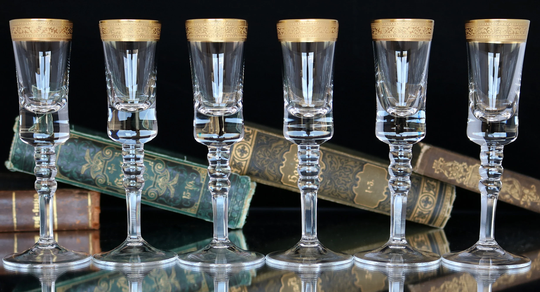 6x Crystal Liqueur Glasses - Cordial With 24K Gold Textured Minton Rim, Eisch