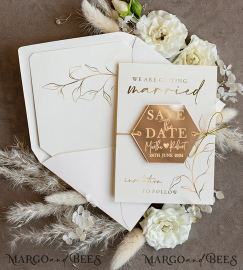 Personalised Ivory Gold Acrylic Hexagon Save The Date Magnet & Card Wedding The Dates Plexi Magnets Boho Cards