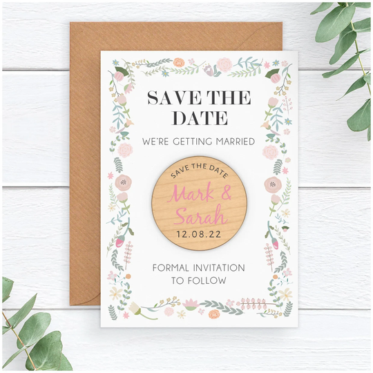Spring Summer Flower Wedding Save The Date Cards - Personalised Rustic Wooden Fridge Magnet Floral Ranunculus Dates