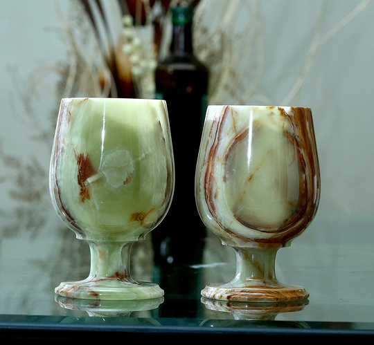 Set Of 2 Marble Wine Glasses | Green Glass - Modern Bar Stone Bourbon Champagne Vintage