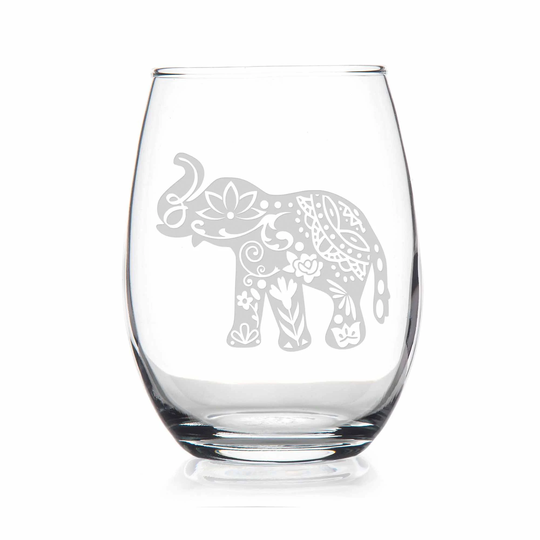 Elephant With Lotus Stemless Wine Glass - Gift, Zen Yoga Glass, Mandala
