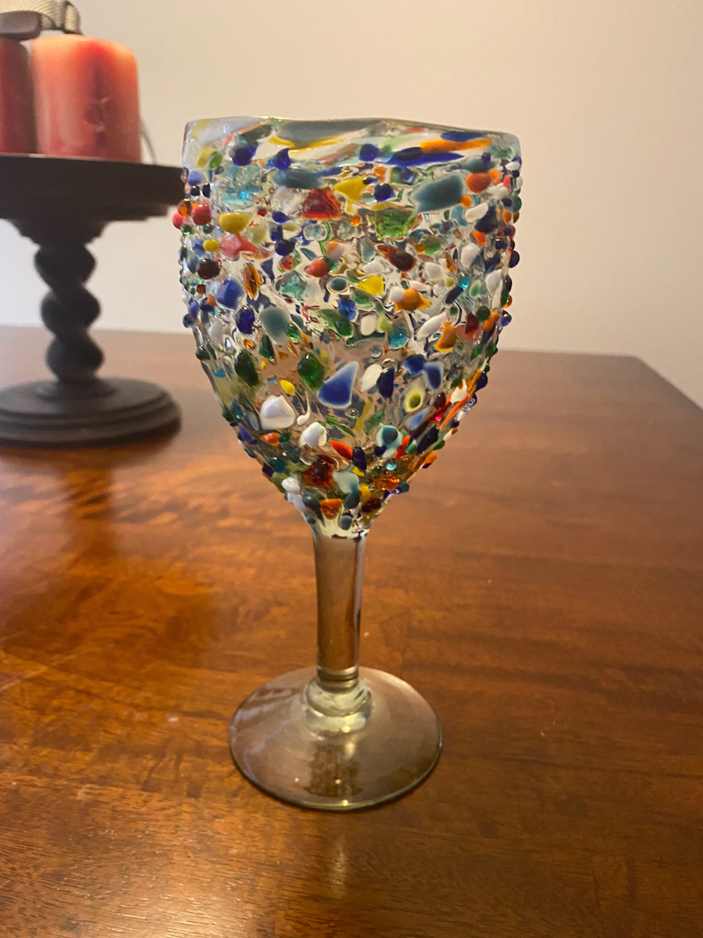 2 Strong Hand Blown Mexican Glass Pebbled Confetti Multicolor Wine Glass, Goblet