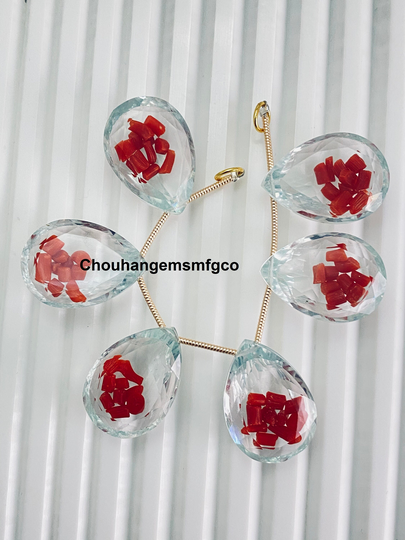 Brand New Crystal Quartz & Coral Floating Shaker Packed Beads, Faceted Pear Shape Zircon Filled in Beads, Size 20x15mm, 6 Pieces