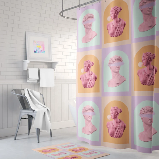 Aesthetic Pink & Purple Shower Curtain, Statue Bust Decor, Bathroom David