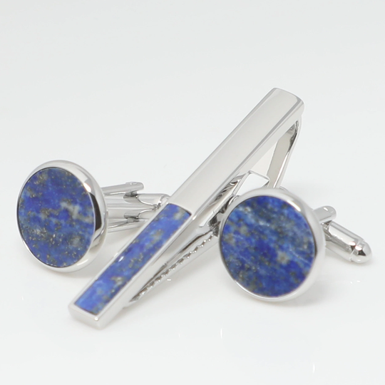 Lapis Lazuli Cufflinks & Tie Clip Set Natural Blue Stone Bar Wedding Shirt Accessory Father Husband Son Birthday Gift