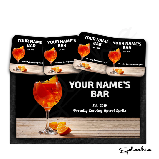 Personalised Aperol Spritz Bar Runner Mat, Custom Beer Mats & 4 X Drinks Coasters Gift Set Garden Sets/Personalise