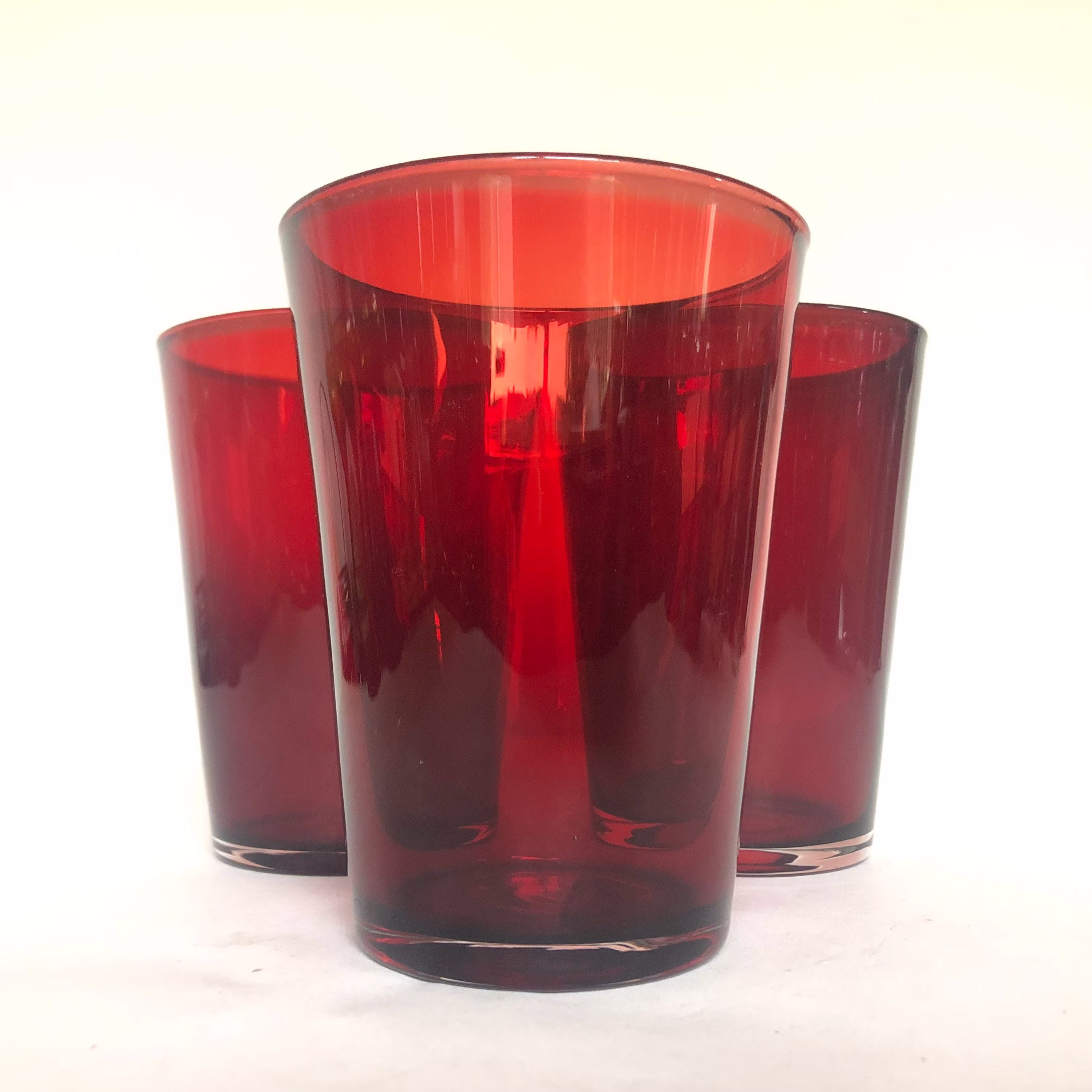 Set Of 3 Vintage Ruby Red Glass 18Oz Beverage Glasses - Kitchen Retro