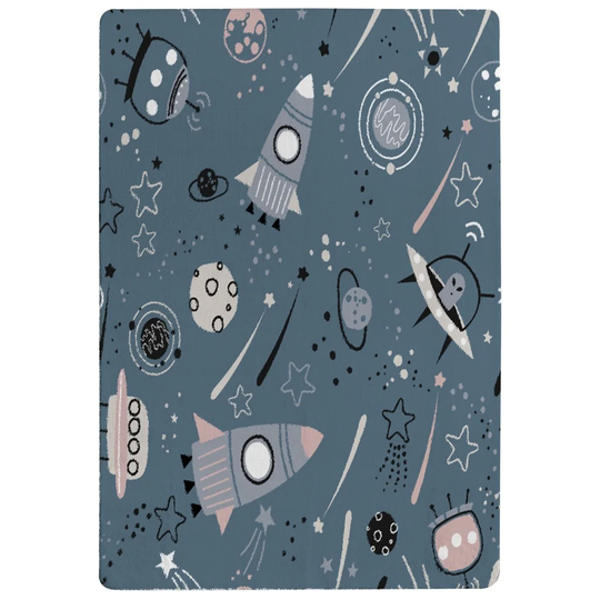 Mahan Spaceships and Planets with Stars Designer Shaggy Blue Rug