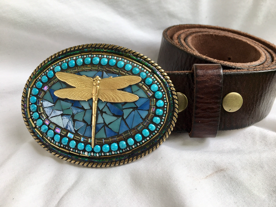 Beaded Buckle, Dragonfly, Leather Belt, Handmade, Camilla Klein, Mosaic, Embellished Statement, For Women, Boho, Festival, Ooak