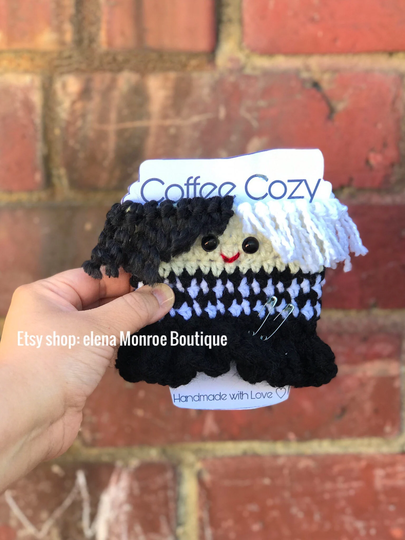 Black & White Theme Cup Cozy, Crochet Cruel Estella Punk Rock Coffee 70's Fashion Doll Sleeve