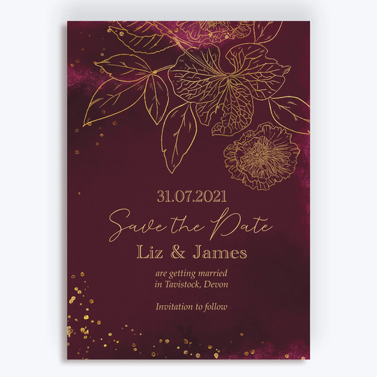 Plum & Gold Floral Wedding Save The Date Cards & Envelopes, Printed Or Digital