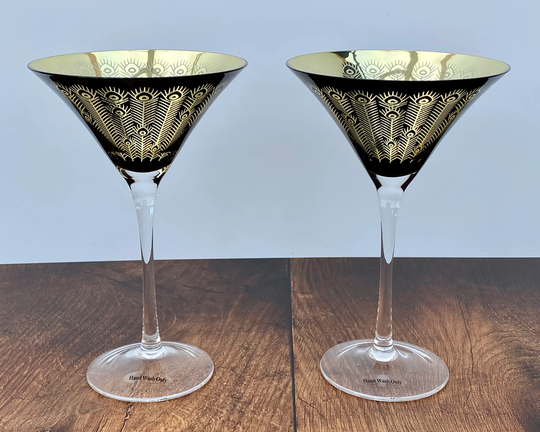 2 Black & Gold Peacock Cocktail Martini Glasses | 2 Pack