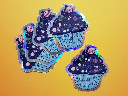 Cosmic Cupcake Space Cake Hologram Stickers, Laptop Decals, Waterproof Vinyl Holographic Sticker