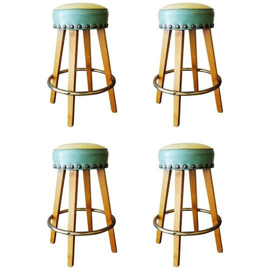 Mid-Century Large Nail Head Bar Stools With Brass Footrest, Set Of 4