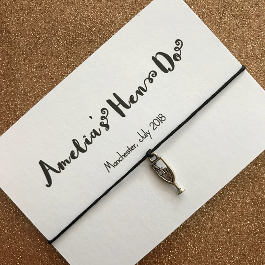 Hen Do/Party Favour Friendship /Wish Bracelet With Backing Card, Hand Made Gift, Party Bag Filler, Classy Hen Do, Glass Charm