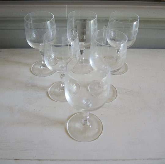 Set Of 24 Antique French Engraved Crystal Stemmed Glasses