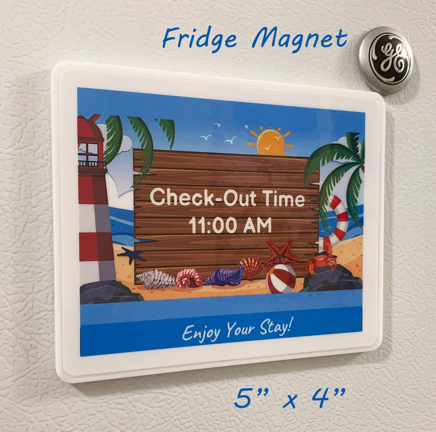 Magnetic Fridge Guest Check-Out Time Sign - Summer Beach Theme For Airbnb & Short-Term Rentals Size 5" X 4