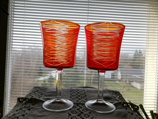 Vintage, Ruby Red, Hand Blown Glass, 2 Piece Wine Set, Cut Crystal, Glasses, Vintage Gift Idea