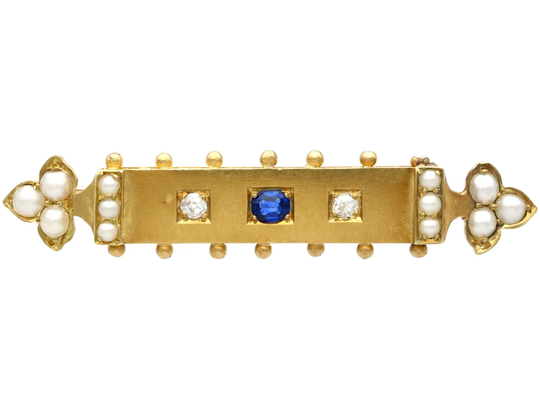 0.18Ct Sapphire, Diamond & Pearl, 18Ct Yellow Gold Bar Brooch - Antique Victorian | Circa 1890