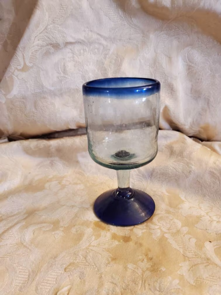 On Sale Mexican Wine Glass, Clear With Blue Rim, Vintage Barware, Cobalt Glass