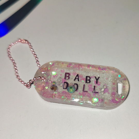 Resin Tag, Babydoll, Keychain, Nametag, Iridecent Glitter, Glitter Resin, Name Key Chain, Pink, Green, Holographic, Shaker