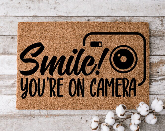Smile You're On Camera Doormat | Custom Welcome Mat Personalized Door Home Decor Housewarming Gift Funny
