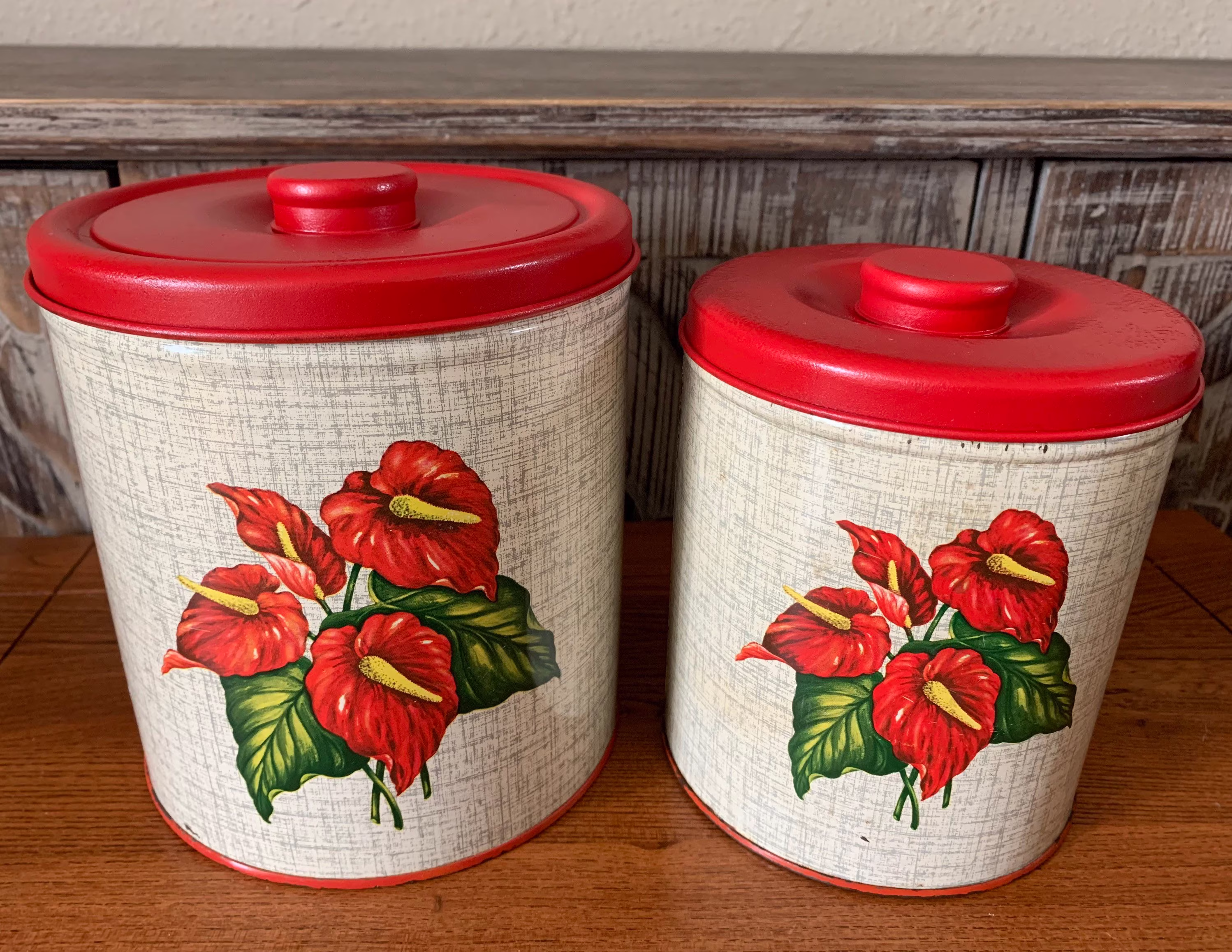 Vintage | Set Of 2 Decoware Hawaiian Anthuriums Metal Storage Containers