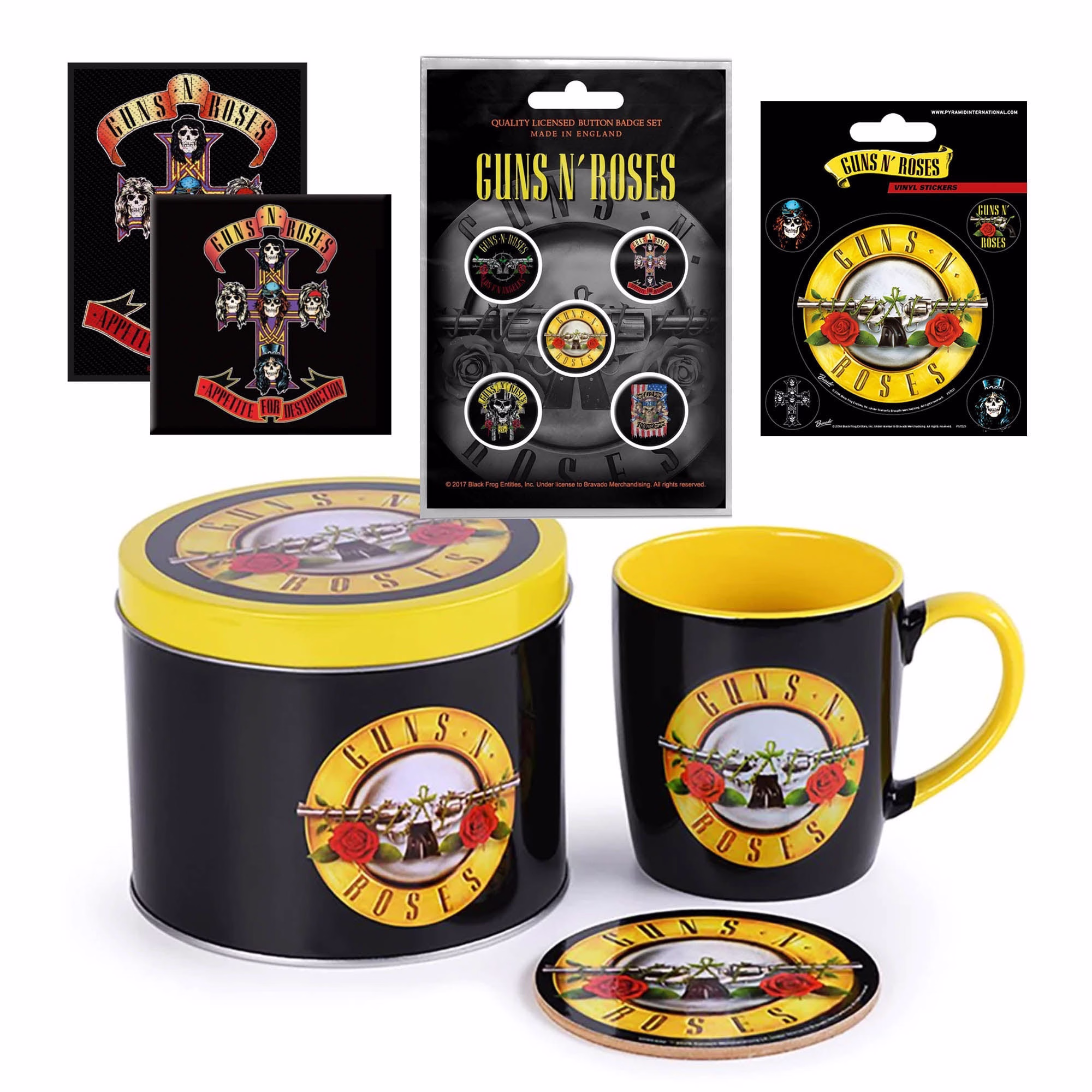 Guns N' Roses Gift Set With Coffee Mug & Drink Coaster Set, Woven Patch, Button Badges Of 5, Fridge Magnet, Vinyl Stickers