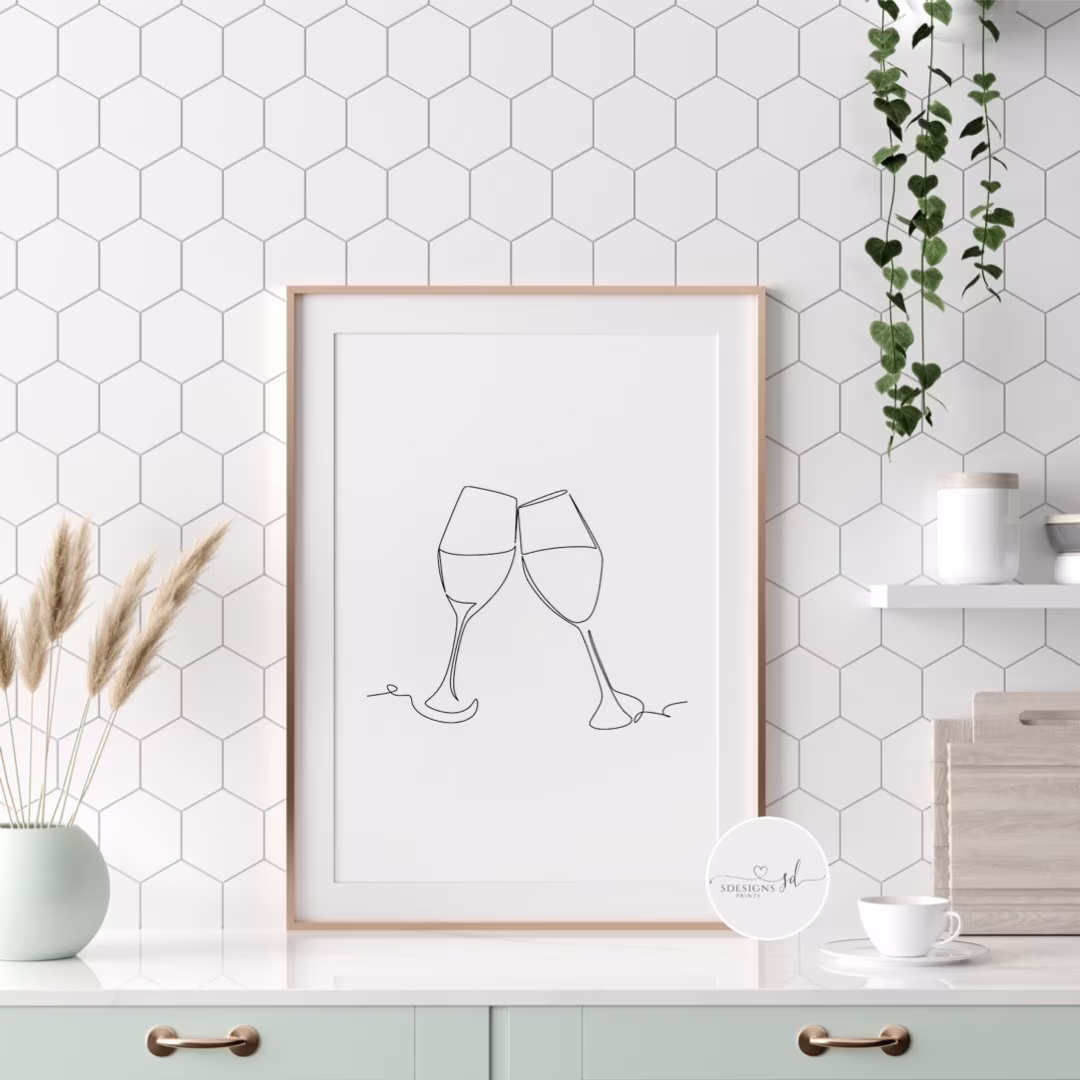 Wine Glasses Line Drawing Print | Champagne Alcohol Wall Art Kitchen Drinker Gift