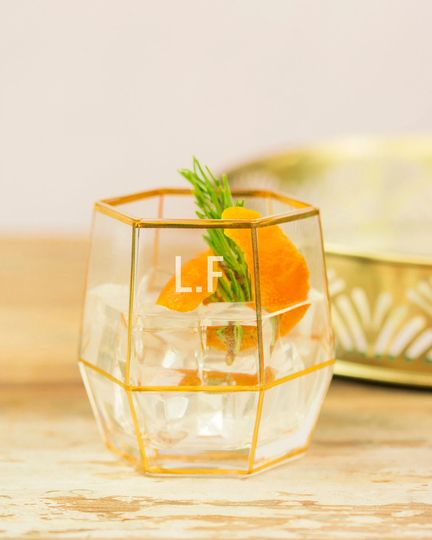 Gold Rim Hexagonal Glass Tumbler | Engraved Unique Barware 12 Sided Geometric Glassware Father's Day Terrarium 330Ml