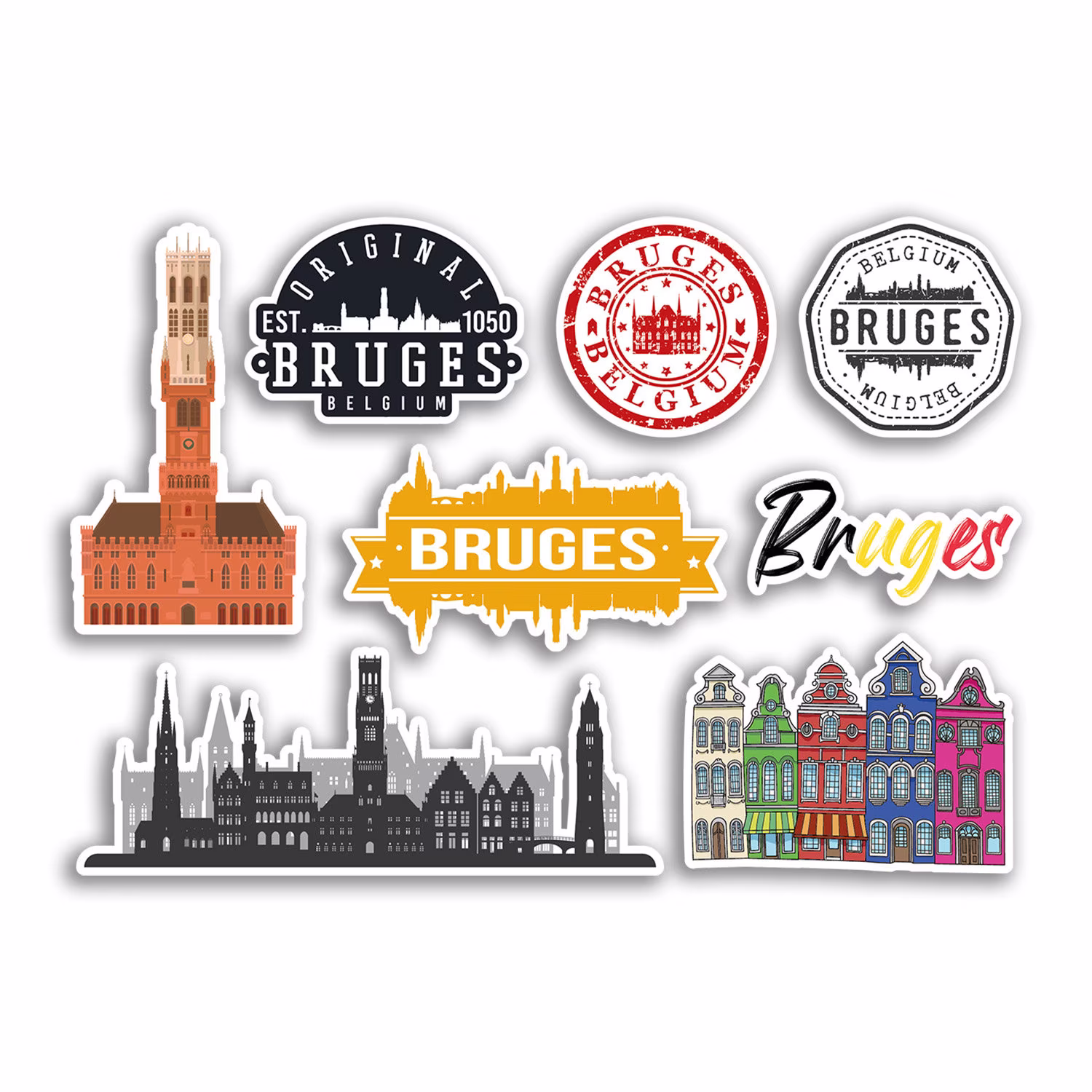 A5 Sticker Sheet Bruges Landmarks Vinyl Stickers - Brugge Belgian Belgium Art City Map Stamp Skyline Travel Holiday Culture Aesthetic #78509