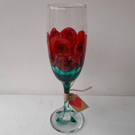 Rose's Are Red , Champagne Flute, Hand Painted Glass | Can Be Personalised For Free Unique, Perfect Gift To Order Her Him